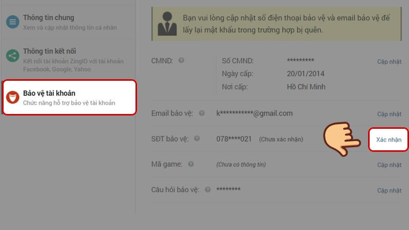 Cách bật bảo vệ xác minh tài khoản ZingPlay