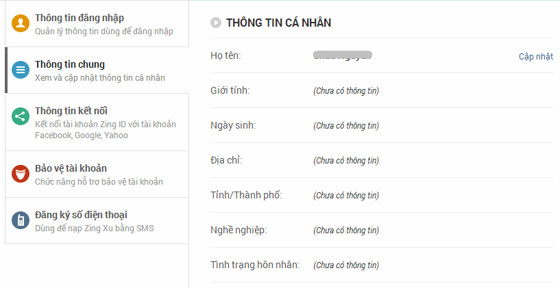 Cách thay đổi thông tin tài khoản Zing ID