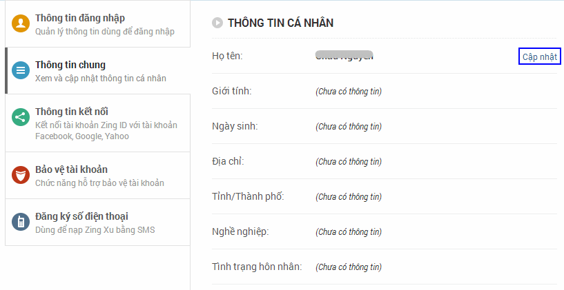 Cách thay đổi thông tin tài khoản Zing ID