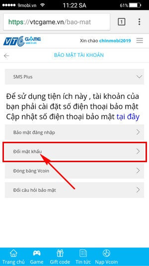 Đổi mk Phục Kích trên điện thoại