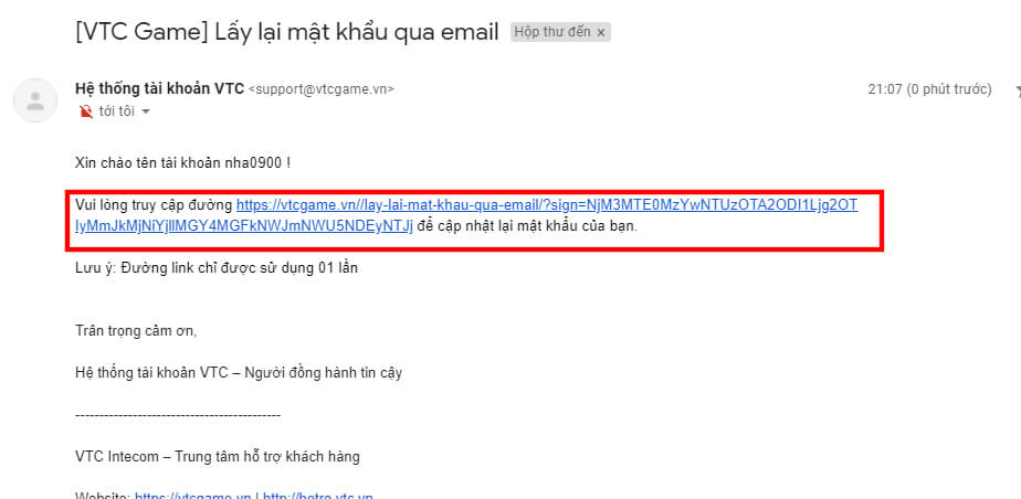 Lấy lại mật khẩu Phục Kích qua email