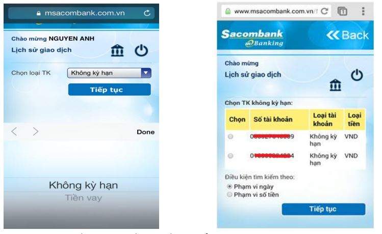 Xem lịch sử giao dịch trên iSacombank - Bước 2